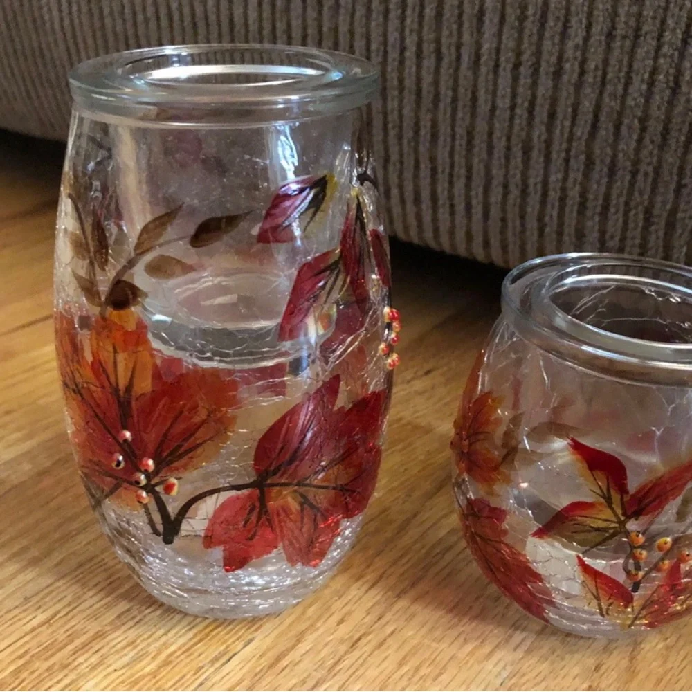 Yankee Candle AUTUMN LEAVES Crackle Glass Tea-light Candle Holder Set